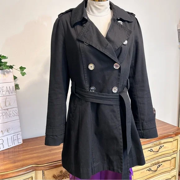 Express Black Denim Double-Breasted Belted Silver Button Trench Coat - Picture 3 of 16